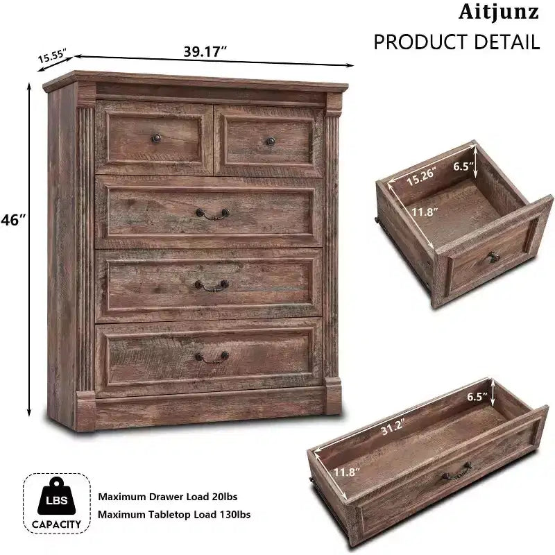 Commode de ferme de 46 po avec 5 tiroirs et détails de colonnes romaines pour chambre à coucher