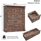 Commode de ferme de 46 po avec 5 tiroirs et détails de colonnes romaines pour chambre à coucher