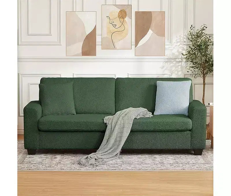 Seater Sofa, Deep Seat Couch with Wide Armrest, Removable Washable Cushions, Cozy Boucl for Living Room, Green