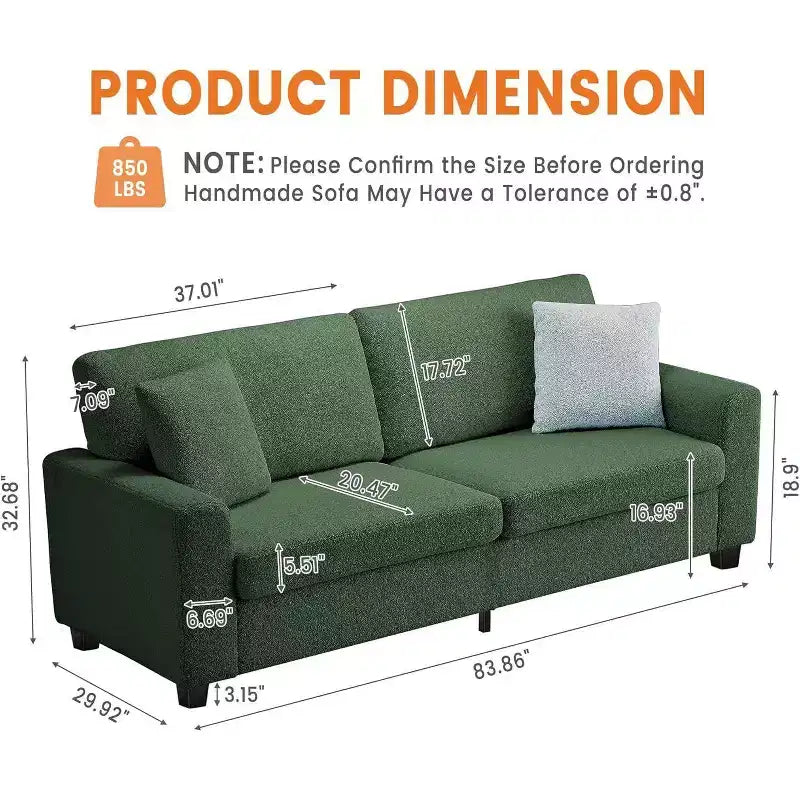 Canapé 2 places, canapé profond avec larges accoudoirs, coussins déhoussables lavables, tissu bouclé confortable pour salon, vert