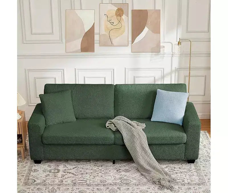 Canapé 2 places, canapé profond avec larges accoudoirs, coussins déhoussables lavables, tissu bouclé confortable pour salon, vert