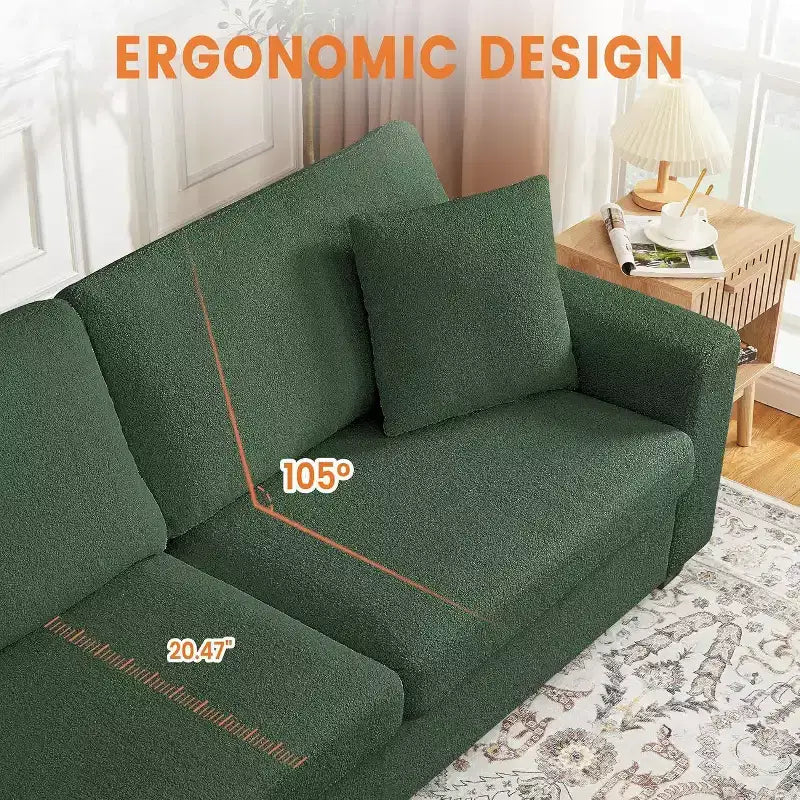 Canapé 2 places, canapé profond avec larges accoudoirs, coussins déhoussables lavables, tissu bouclé confortable pour salon, vert