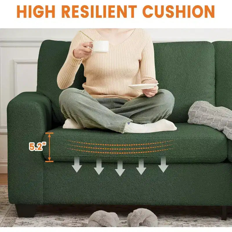 Canapé 2 places, canapé profond avec larges accoudoirs, coussins déhoussables lavables, tissu bouclé confortable pour salon, vert