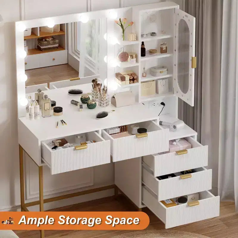 Bancs de vanité, coiffeuse moderne avec miroir réglable, station de recharge intégrée, 5 tiroirs