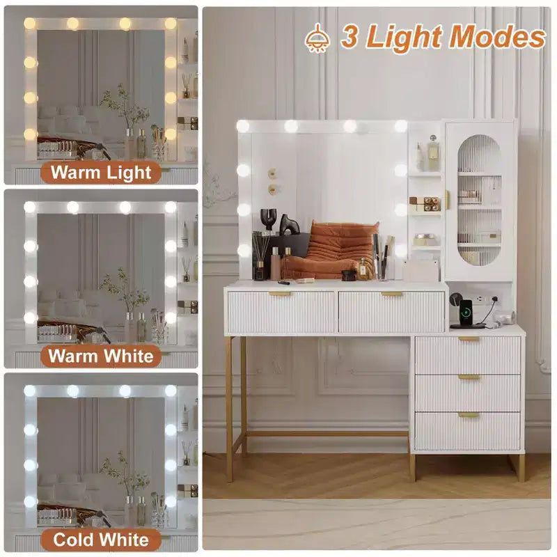 Bancs de vanité, coiffeuse moderne avec miroir réglable, station de recharge intégrée, 5 tiroirs