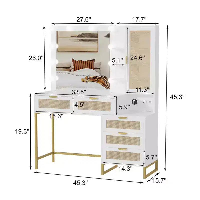 Bancs de vanité, coiffeuse moderne avec miroir réglable, station de recharge intégrée, 5 tiroirs