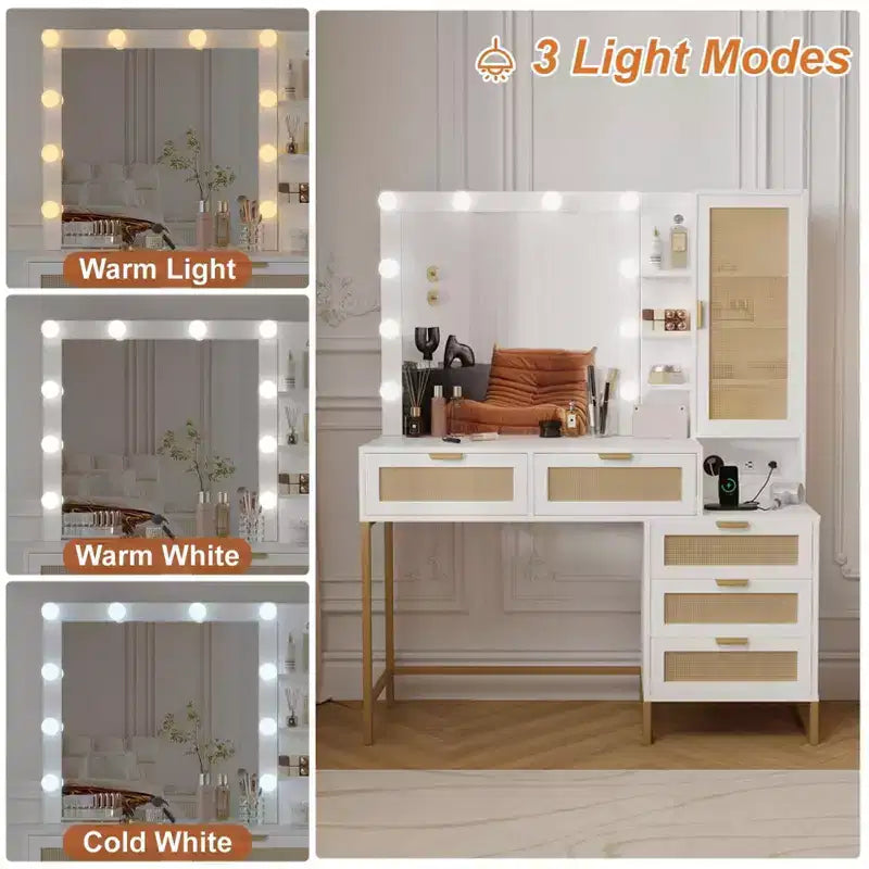 Bancs de vanité, coiffeuse moderne avec miroir réglable, station de recharge intégrée, 5 tiroirs