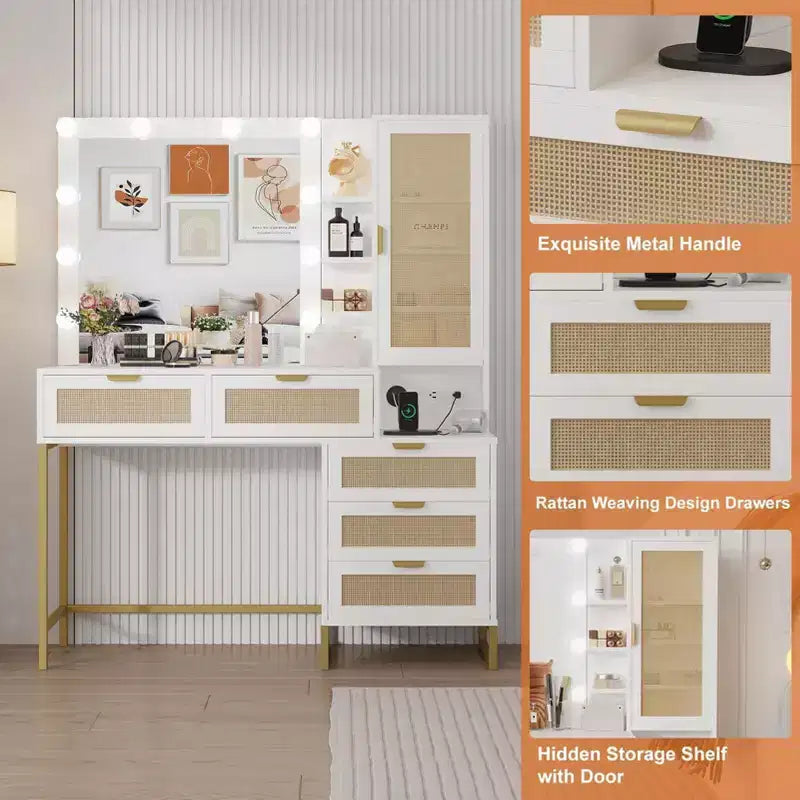 Bancs de vanité, coiffeuse moderne avec miroir réglable, station de recharge intégrée, 5 tiroirs