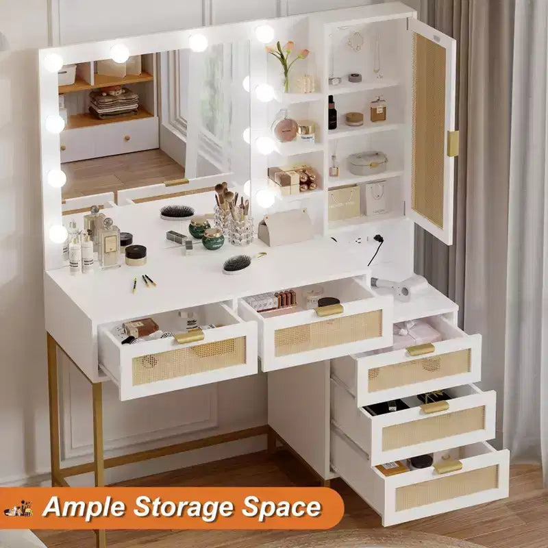 Bancs de vanité, coiffeuse moderne avec miroir réglable, station de recharge intégrée, 5 tiroirs