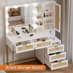 Bancs de vanité, coiffeuse moderne avec miroir réglable, station de recharge intégrée, 5 tiroirs