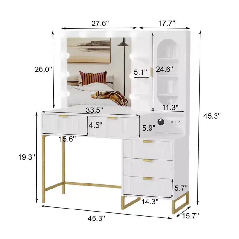 Bancs de vanité, coiffeuse moderne avec miroir réglable, station de recharge intégrée, 5 tiroirs