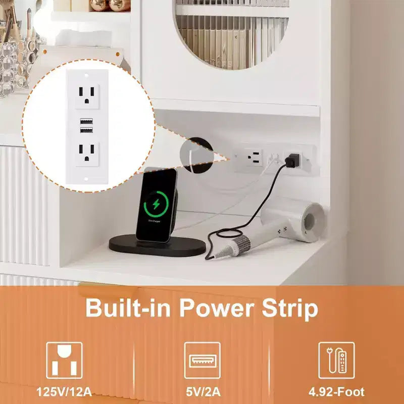 Bancs de vanité, coiffeuse moderne avec miroir réglable, station de recharge intégrée, 5 tiroirs