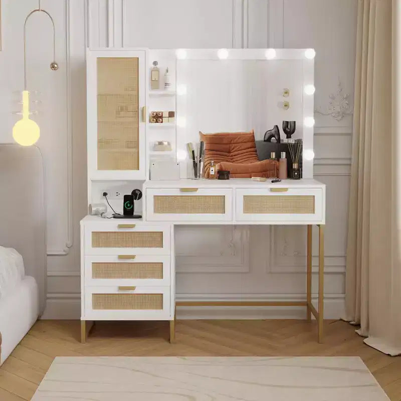 Vanity Benches, Modern Makeup Vanity Desk with Adjustable Mirror, Built in Charging Station, 5 Drawers
