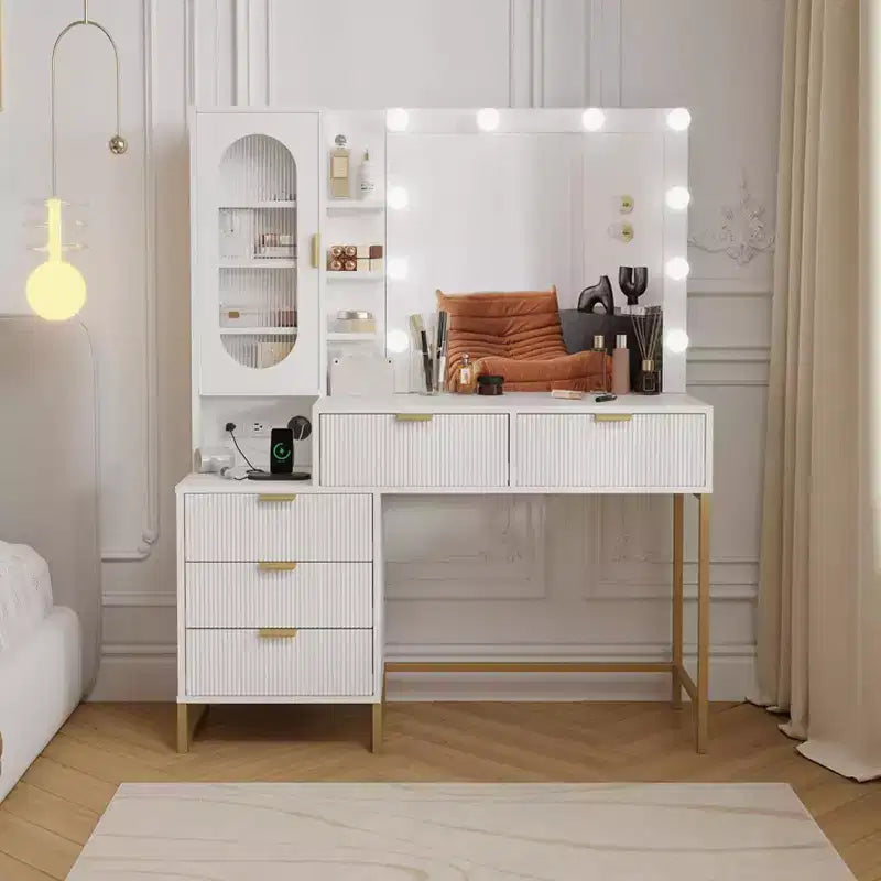 Bancs de vanité, coiffeuse moderne avec miroir réglable, station de recharge intégrée, 5 tiroirs