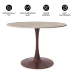 Table à manger ronde de 35 pouces avec plateau en pierre frittée et piédestal en acier noyer