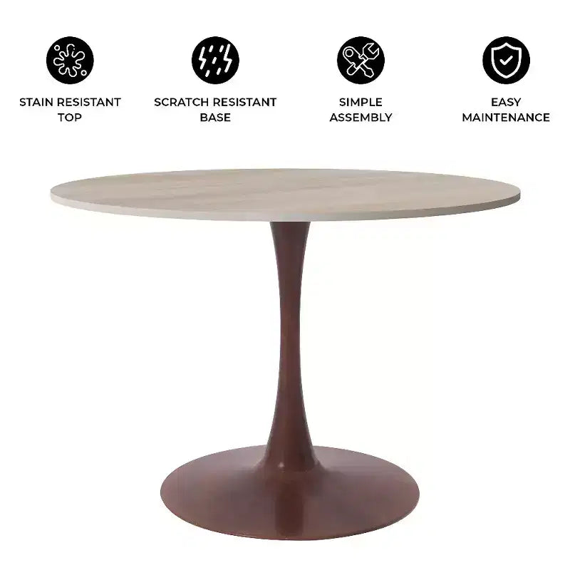 Table à manger ronde de 35 pouces avec plateau en pierre frittée et piédestal en acier noyer