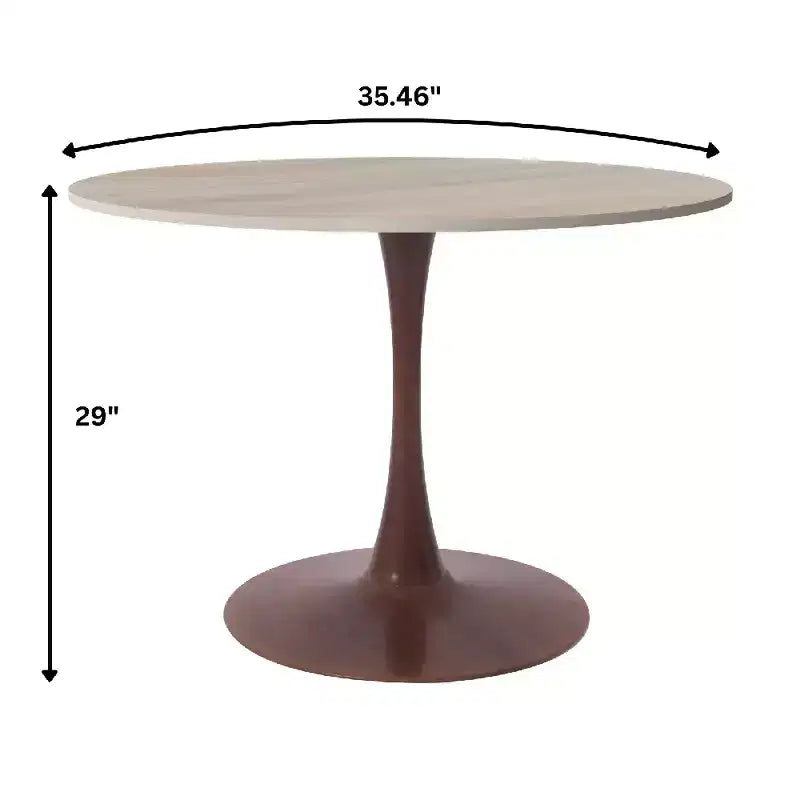 Table à manger ronde de 35 pouces avec plateau en pierre frittée et piédestal en acier noyer