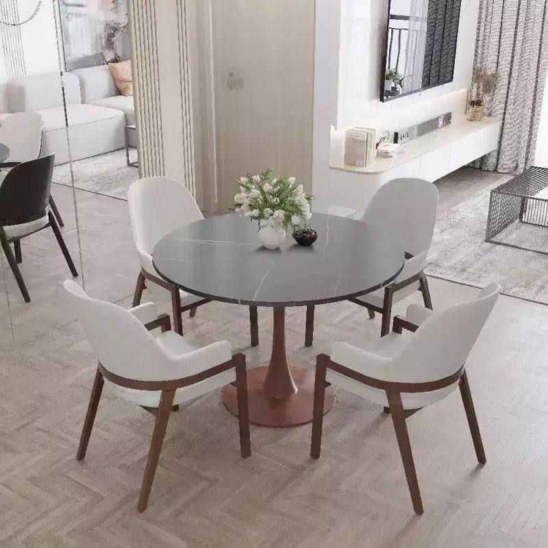 Table à manger ronde de 35 pouces avec plateau en pierre frittée et piédestal en acier noyer