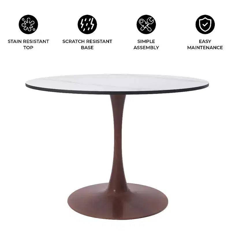 Table à manger ronde de 35 pouces avec plateau en pierre frittée et piédestal en acier noyer
