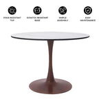 Table à manger ronde de 35 pouces avec plateau en pierre frittée et piédestal en acier noyer