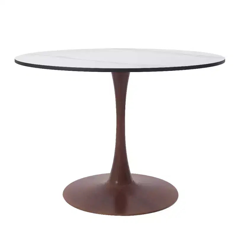 Table à manger ronde de 35 pouces avec plateau en pierre frittée et piédestal en acier noyer