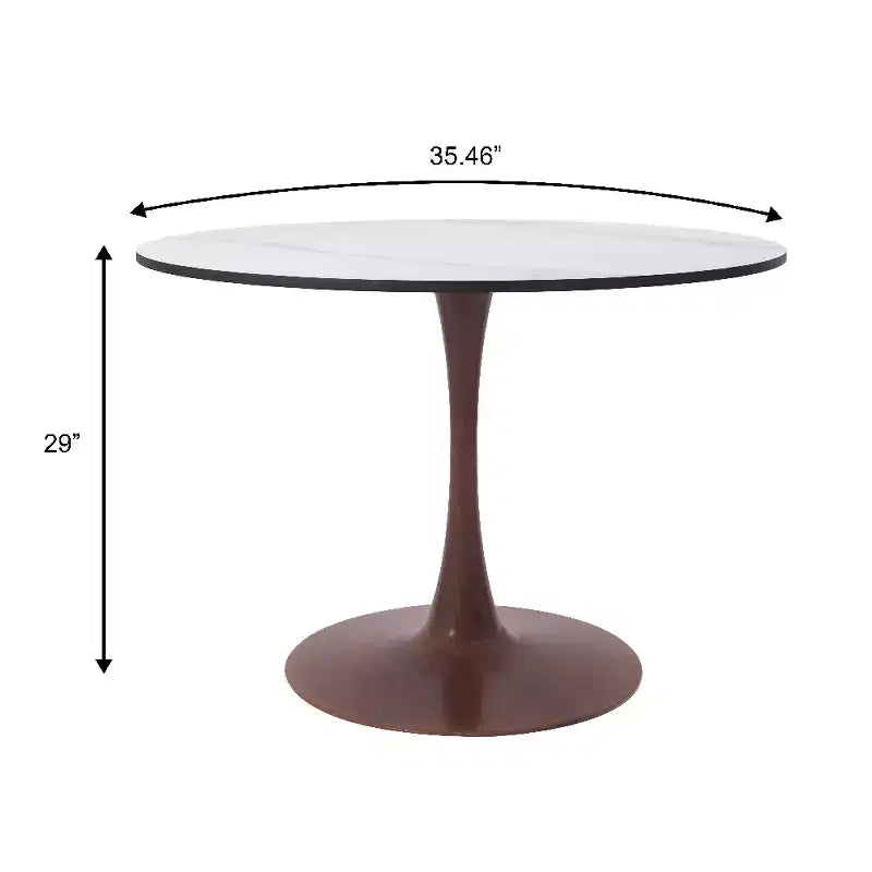 Table à manger ronde de 35 pouces avec plateau en pierre frittée et piédestal en acier noyer