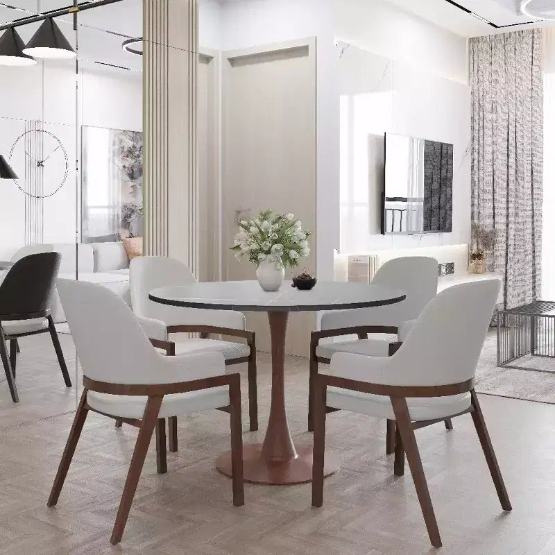Table à manger ronde de 35 pouces avec plateau en pierre frittée et piédestal en acier noyer