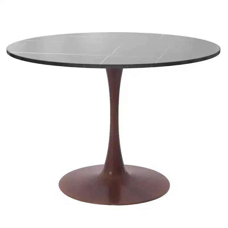 Table à manger ronde de 35 pouces avec plateau en pierre frittée et piédestal en acier noyer