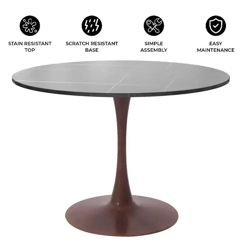 Table à manger ronde de 35 pouces avec plateau en pierre frittée et piédestal en acier noyer