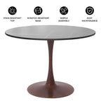 Table à manger ronde de 35 pouces avec plateau en pierre frittée et piédestal en acier noyer