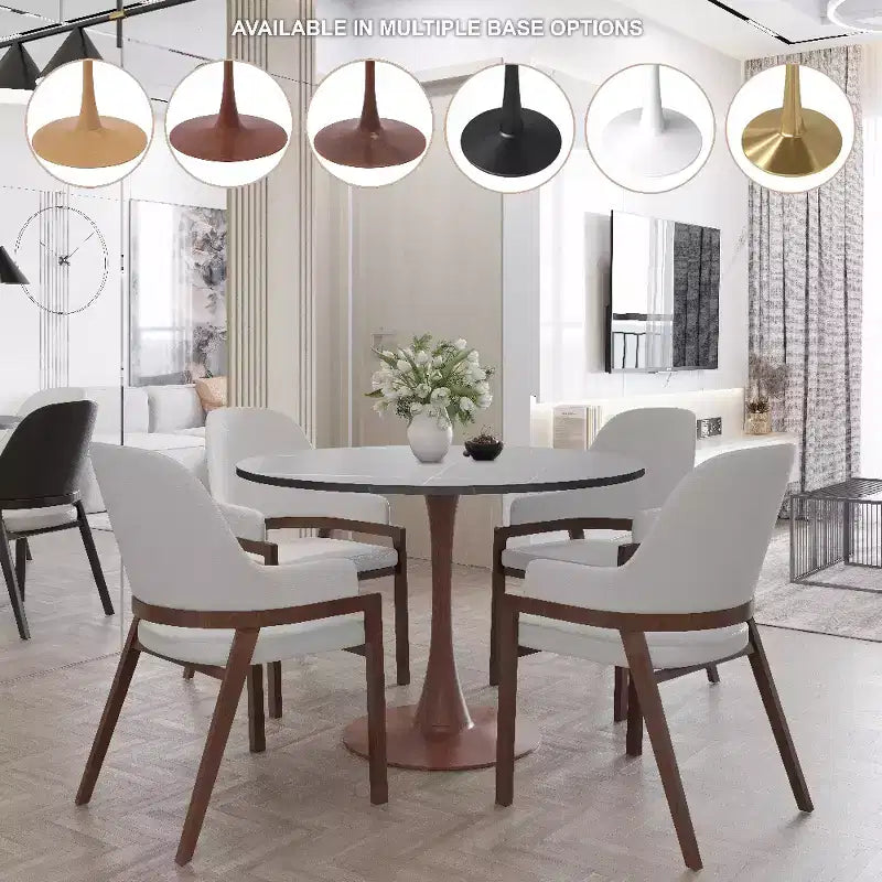 Table à manger ronde de 35 pouces avec plateau en pierre frittée et piédestal en acier noyer