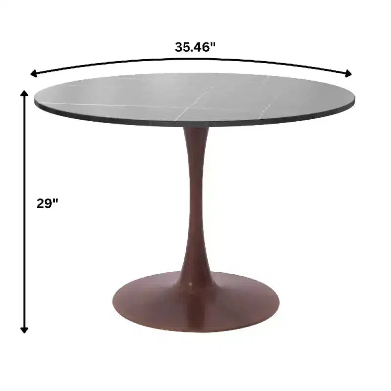 Table à manger ronde de 35 pouces avec plateau en pierre frittée et piédestal en acier noyer
