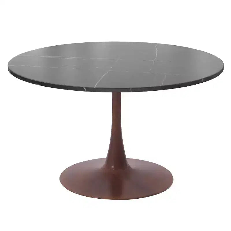 LeisureMod Bristol 35 Round Dining Table with Sintered Stone Top and Walnut Steel Pedestal Base for Modern Kitchen and Dining Room