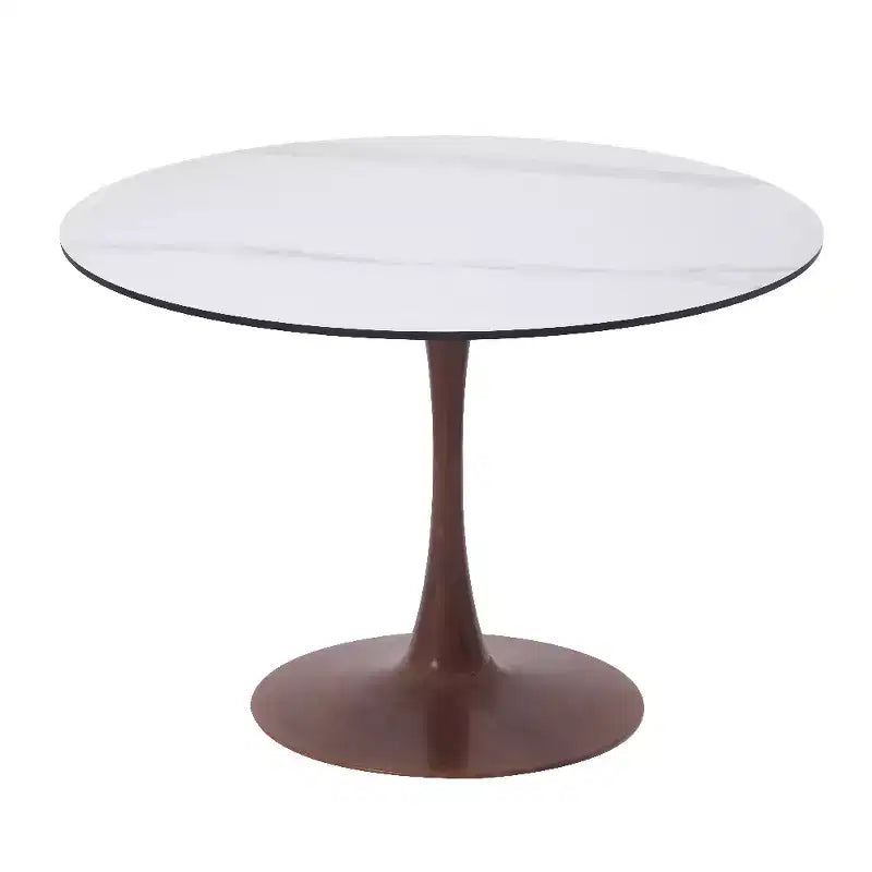 Table à manger ronde de 35 pouces avec plateau en pierre frittée et piédestal en acier noyer