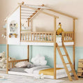 Whisen Twin Over Twin Bunk Bed with Roof, Playhouse Design, Safe Ladder & Railings - Natural
