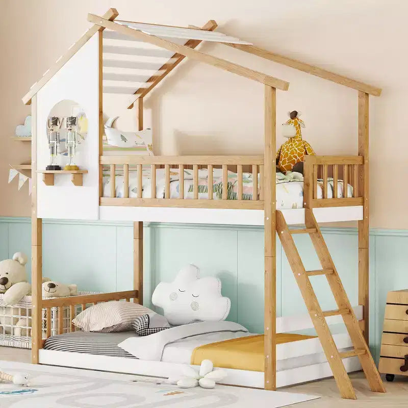Whisen Twin Over Twin Bunk Bed with Roof, Playhouse Design, Safe Ladder & Railings - Natural