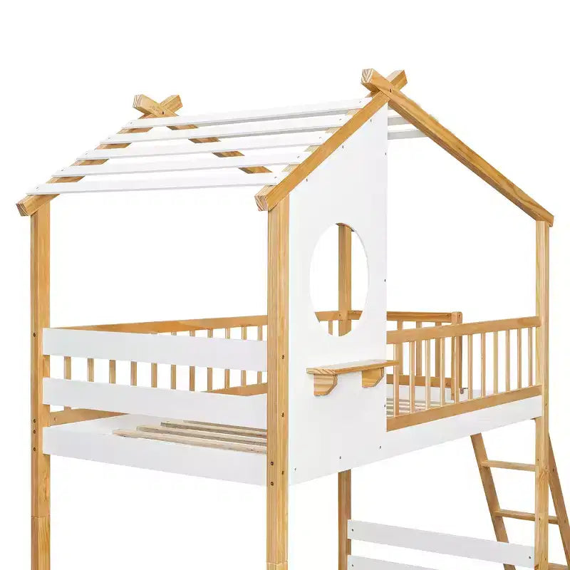 Lit superposé jumeau sur jumeau avec toit cabane, échelle sécurisée et garde-corps, naturel