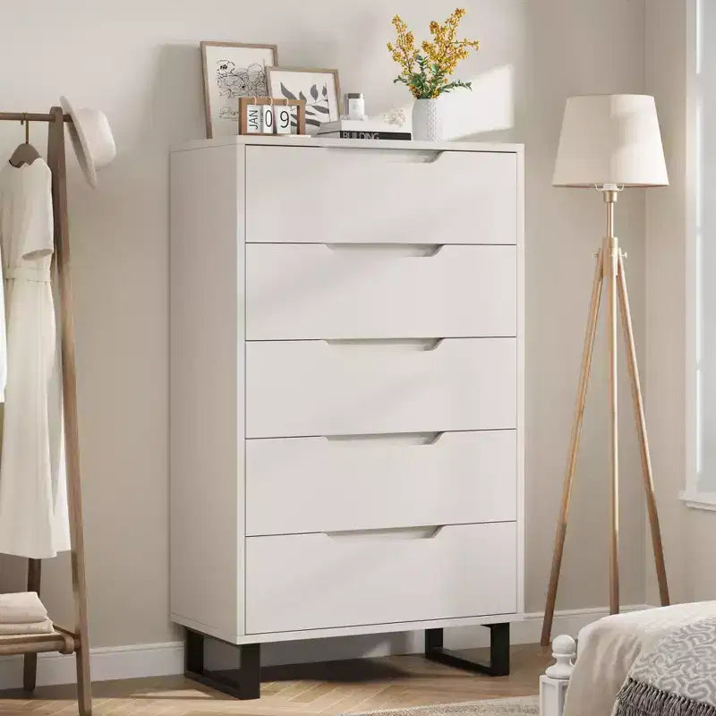 5-Drawer White Bedroom Dressers: 50 Tall Freestanding Vertical Wooden Chest with Storage for Living Room, Hallway & Entryway