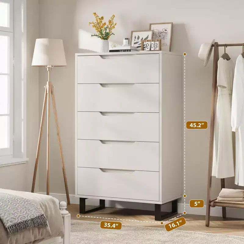 Commode de Chambre Blanche à 5 Tiroirs : 50 Coffre Vertical Autonome en Bois avec Rangement pour Salon, Couloir et Entrée