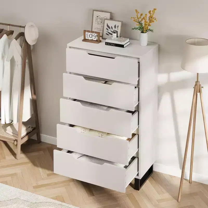 Commode de Chambre Blanche à 5 Tiroirs : 50 Coffre Vertical Autonome en Bois avec Rangement pour Salon, Couloir et Entrée