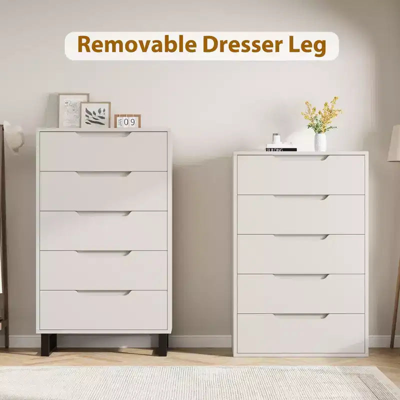 Commode de Chambre Blanche à 5 Tiroirs : 50 Coffre Vertical Autonome en Bois avec Rangement pour Salon, Couloir et Entrée