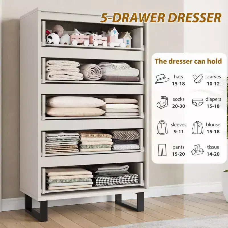 Commode de Chambre Blanche à 5 Tiroirs : 50 Coffre Vertical Autonome en Bois avec Rangement pour Salon, Couloir et Entrée