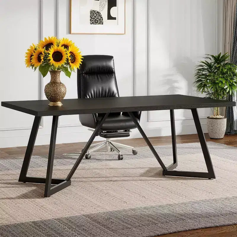 MAYEERTY 70.96 Inch Modern Dining Table Black Brown Wood Grain MDF Top Metal Iron Legs