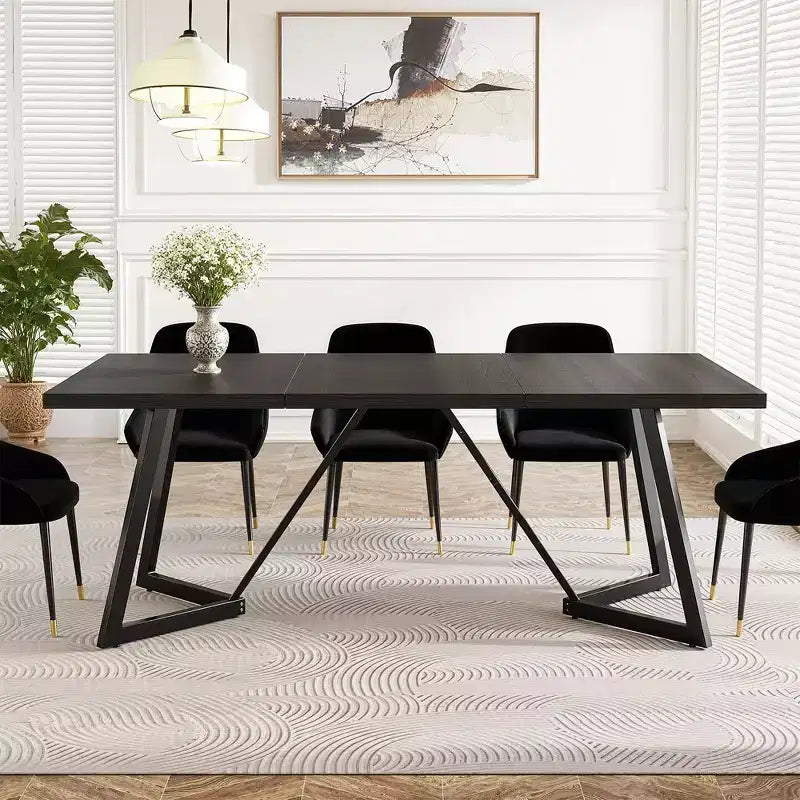 Table à manger moderne de 70,96 po, plateau en MDF noir-marron au grain de bois et pieds en fer métallique