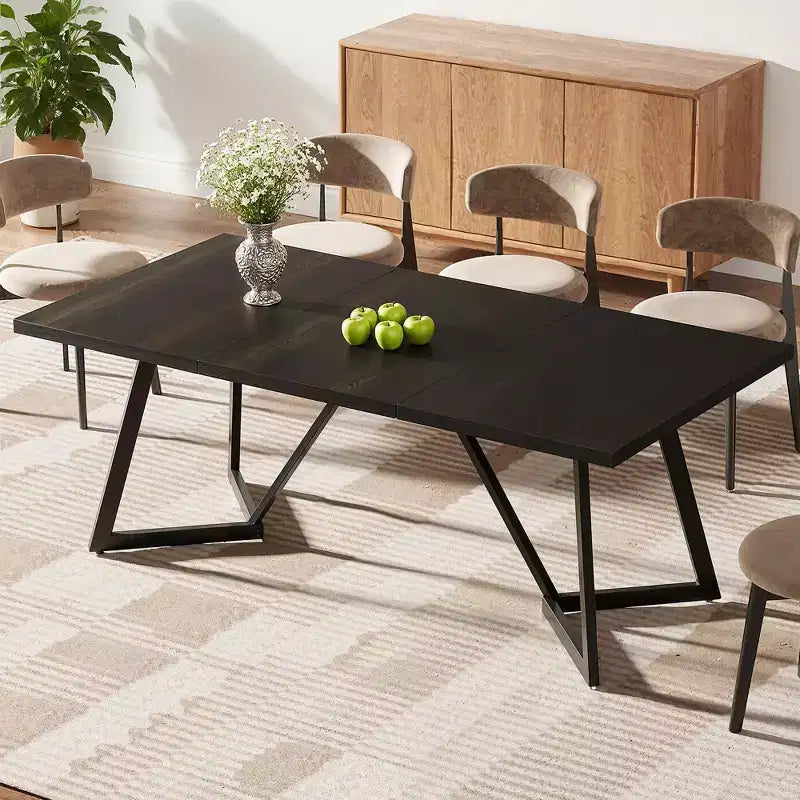 Table à manger moderne de 70,96 po, plateau en MDF noir-marron au grain de bois et pieds en fer métallique