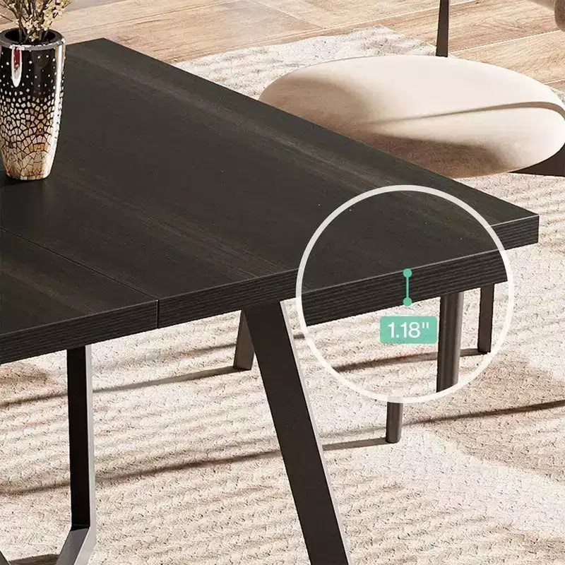 Table à manger moderne de 70,96 po, plateau en MDF noir-marron au grain de bois et pieds en fer métallique