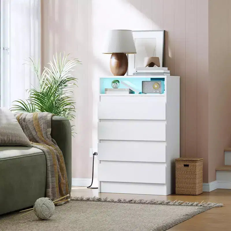 4 Drawer Dresser, White LED Dresser with Charging Station, Anchors to Wall, 6-Color Adjustable Light Strip White