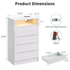 Commode à 4 tiroirs, commode LED blanche avec station de recharge, fixation murale, bande lumineuse réglable 6 couleurs, blanche