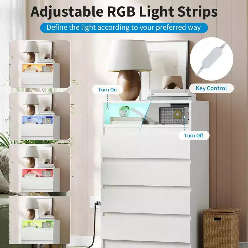Commode à 4 tiroirs, commode LED blanche avec station de recharge, fixation murale, bande lumineuse réglable 6 couleurs, blanche