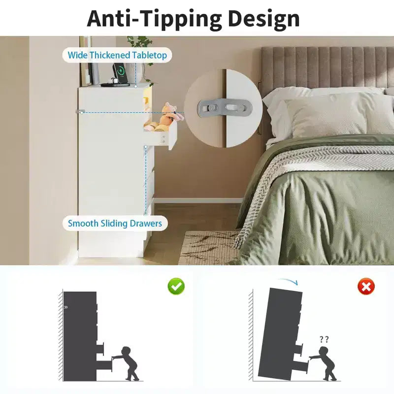 Commode à 4 tiroirs, commode LED blanche avec station de recharge, fixation murale, bande lumineuse réglable 6 couleurs, blanche